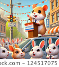 Hamster giving a public speech. He is speaking outdoors. 124517075