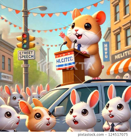 Hamster giving a public speech. He is speaking outdoors. 124517075