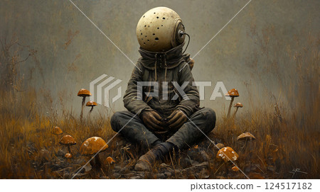 Mysterious figure in vintage space helmet sits in surreal mushroom field landscape 124517182