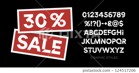 Geometric Font for Sale Headline and Sport Lettering. Modern retail commerce font, shopping malls. Alphabet for fashion, electronics, supermarkets, packaging, stores, signage. Vector typeset 124517206