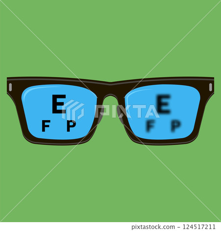 Vector Eyeglasses with zoom effect and eye test health. Reading eye glasses with eye chart exam. Blurred eye chart as symptom of near sightedness and short sightedness Vector Eyeglasses with zoom effect and eye test health. Reading eye glasses with eye chart exam. Blurred eye chart as symptom of near sightedness and short sightedness 124517211