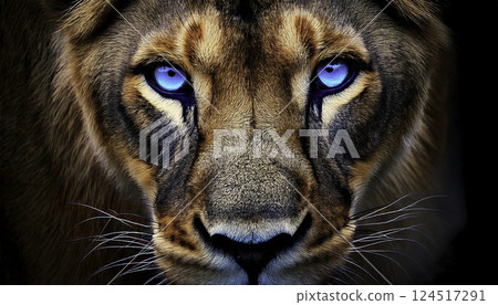 Closeup of a lioness face against a blurred background 124517291