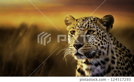 Closeup of a leopard at sunset in the African savanna 124517293