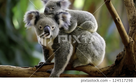 Mother koala carries her joey on her back Mother koala carries her joey on her back 124517298
