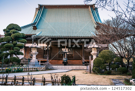 Main Hall with Copper Tiled Roof on Historical Buddhist Temple Grounds 124517302
