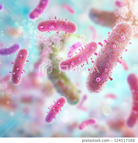 Microscopic view of bacteria in vibrant colors, highlighting their structure and movement, emphasizing food safety and microbiology research 124517388