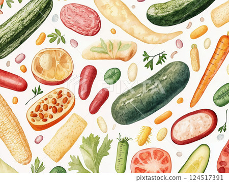 colorful pattern of fresh vegetables and legumes, promoting food safety and healthy eating habits with vibrant illustrations 124517391
