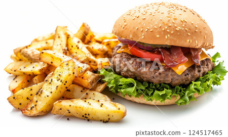 burger and fried potatoes isolated on white background. burger and fried potatoes isolated on white background. 124517465