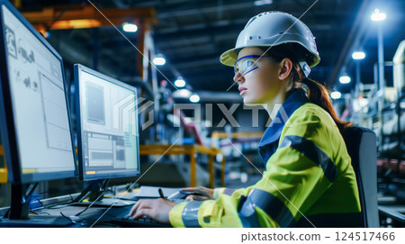 Factory Office Industrial Engineer Working on Computer. 124517466