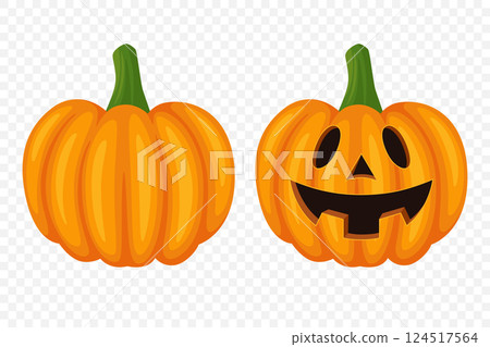 Vector Cartoon Pumpkins Collection with Carved Faces. Flat Colorful Pumpkin Stickers Set. Design Templates for Halloween, Fall, Harvest. Cute and Fun Simple Pumpkin Illustrations 124517564