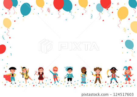 Festive background with a place for text from children in carnival costumes, colorful balloons and streamers. Mermaid, musketeer, pirate, cowboy, devil, harlequin, matador, superman, Indian. 124517603