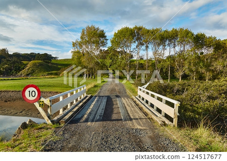 New Zealand landscape, Motutapu Causeway from Rangitoto Island 124517677