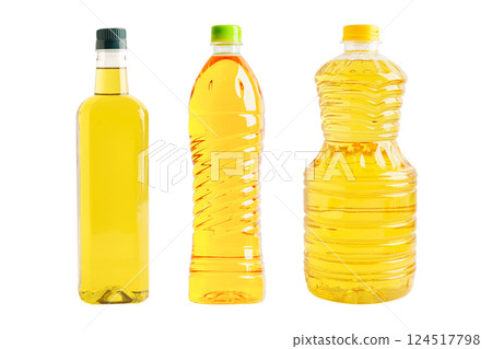 Vegetable oil plastic bottle isolated on white background, organic healthy food for cooking. Vegetable oil plastic bottle isolated on white background, organic healthy food for cooking. 124517798