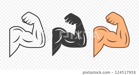 Vector Flexing Arm Biceps Icon Set. Muscular Arm Vector Illustration in Black White and Skin Tone. Bodybuilding Fitness Strength Symbol Isolated. Gym and Sports Design Templates 124517958