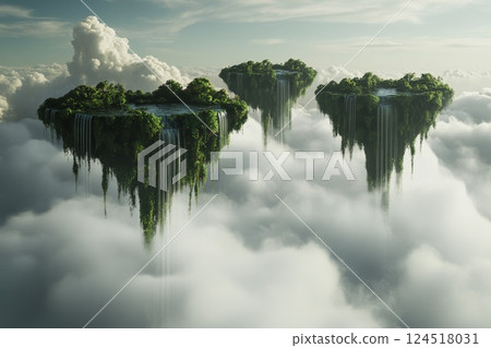 Mysterious floating islands covered in lush greenery, suspended above the clouds with waterfalls cascading into the mist Mysterious floating islands covered in lush greenery, suspended above the clouds with waterfalls cascading into the mist 124518031