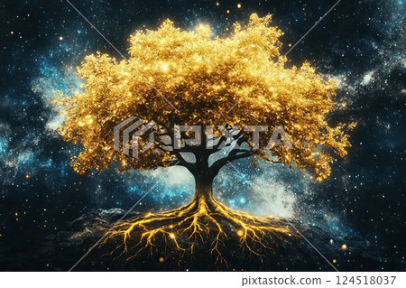 massive tree with shimmering golden leaves floating in deep space, its roots entangled in cosmic energy 124518037