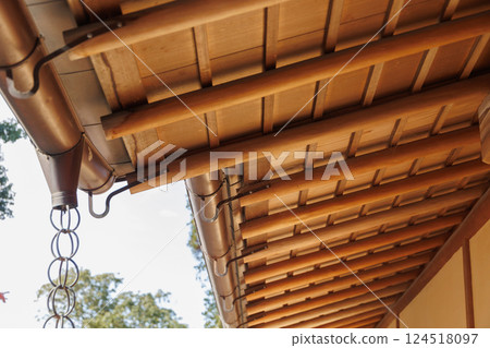 Japanese style bamboo wooden weave ceiling roof eaves, rain gutter traditional architecture design 124518097