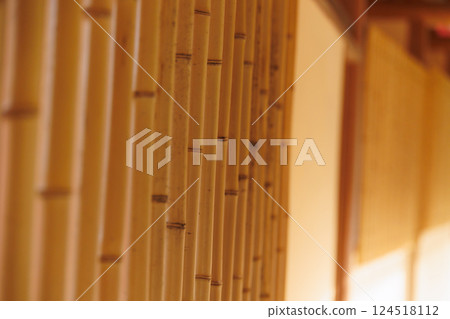 Japanese bamboo wooden wall panel grill window style old ancient texture pattern for background 124518112