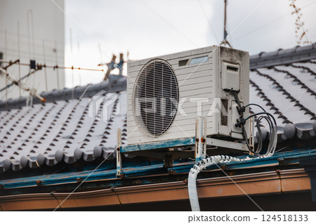 Outdoor unit air compressor, Air Conditioner old aged grunge weathered heat exchanger air ventilator 124518133