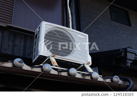 Outdoor unit air compressor, Air Conditioner old aged grunge weathered heat exchanger air ventilator 124518165