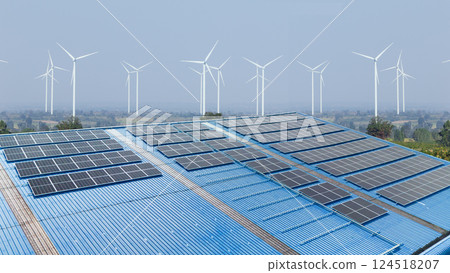 Modern factory using solar cell and wind turbine clean power source for saving energy and low carbon 124518207