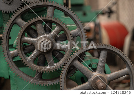 Closeup Gear part, Old grunge metal cog wheel in machine, Heavy industry machinery mechanical. 124518246