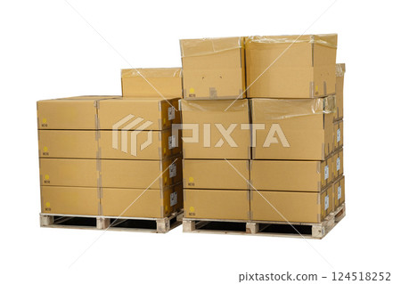 products load on forklift trolley pallet isolated on white background with clipping path 124518252