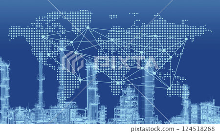 Blank World map overlay with large Petroleum industry background Blank World map overlay with large Petroleum industry background 124518268