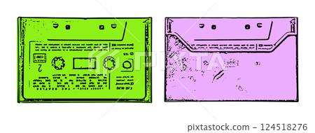 Bold Line Art Illustration of a Vintage Audio Cassette Depicting Both Sides Bold Line Art Illustration of a Vintage Audio Cassette Depicting Both Sides 124518276