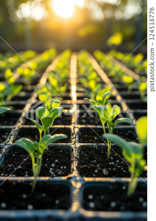 Young sprouts growing in rows under sunlight in an aeroponic system. A perfect depiction of eco-friendly and efficient agriculture. 124518776