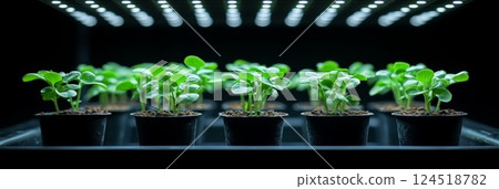 Symmetrical rows of lettuce seedlings illuminated by LED grow lights in an aeroponic system, highlighting eco-friendly farming innovation. 124518782