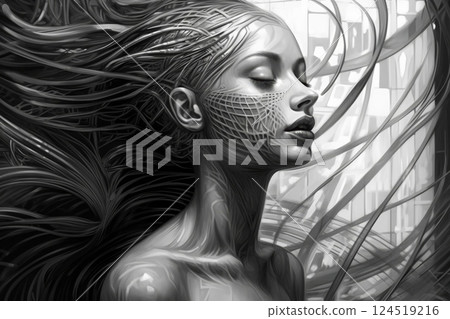 Fantastic woman in white and black style. Lines or roots on woman's face and hairs. Generated AI 124519216