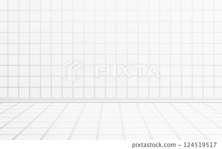 Bathroom floor. White tiles wall. Ceramic square elements with soft light. Clean kitchen or toilet interior design. Minimal geometric mosaic. Light tiled surface. Vector illustration 124519517
