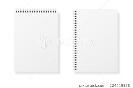 Notebook mockup set. White copybook blank. Realistic notepad with soft shadow. Simple diary template on white background. Spiral organizer isolated. Vector illustration Notebook mockup set. White copybook blank. Realistic notepad with soft shadow. Simple diary template on white background. Spiral organizer isolated. Vector illustration 124519528