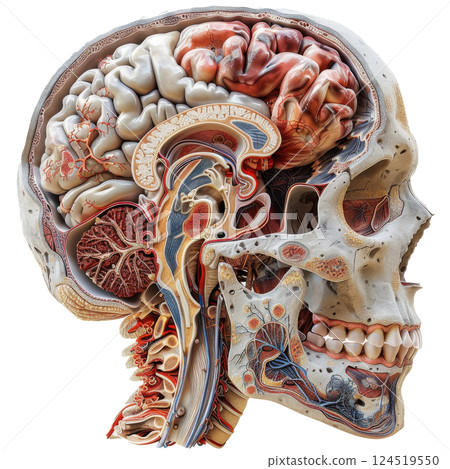 Cross-section of Skull and Brain with Internal Organs 124519550