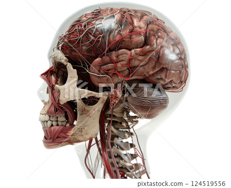 Transparent Skull with Brain and Nervous System 124519556
