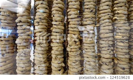 Columns of traditional taralli sugna e pepe on the streets of Naples . 124519628