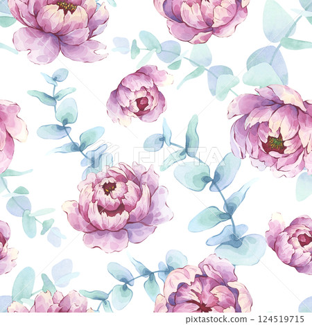 Seamless watercolor peony and eucalyptus pattern on white background 124519715