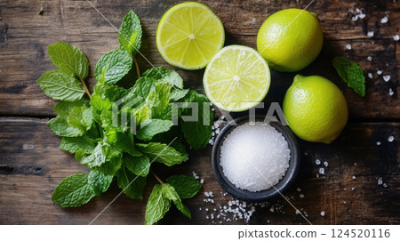 Fresh Mint, Lime, and Sea Salt on Rustic Wooden Table Fresh Mint, Lime, and Sea Salt on Rustic Wooden Table 124520116