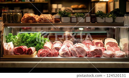 Assorted Cuts of Raw Meat in Butcher Shop Display Case Assorted Cuts of Raw Meat in Butcher Shop Display Case 124520131