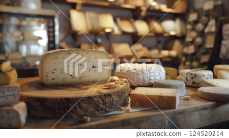 Group of various cheeses including gruyere, provolone, parmigiano-reggiano, cheddar, and more 124520214