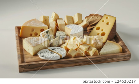 Group of various cheeses including gruyere, provolone, parmigiano-reggiano, cheddar, and more 124520217