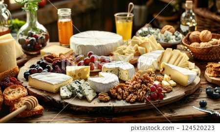 Board featuring a variety of artisan cheeses 124520223