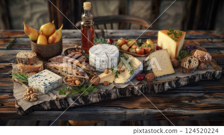 Board featuring a variety of artisan cheeses 124520224