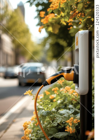 An electric car charging on a sunny street surrounded by greenery and flowers. A clean energy solution integrated into urban landscapes. 124520333