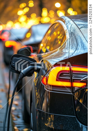 A sleek black electric car connected to a charging station on a city street at night, illuminated by warm streetlights for a futuristic vibe. 124520334