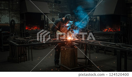 Blacksmith welding metal gate in rustic industrial workshop 124520400