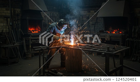 Blacksmith welding metal gate in rustic industrial workshop Blacksmith welding metal gate in rustic industrial workshop 124520401