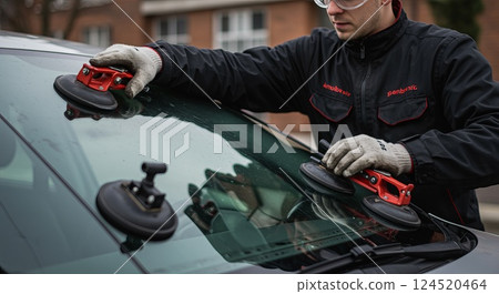 Man installing car windshield using suction cups at auto repair shop 124520464