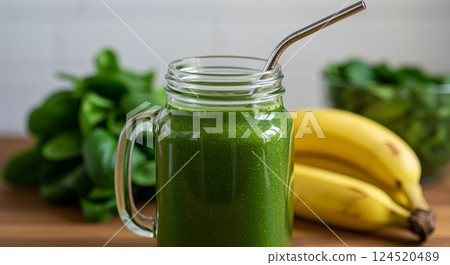 Green smoothie with bananas and greens on kitchen counter close-up 124520489